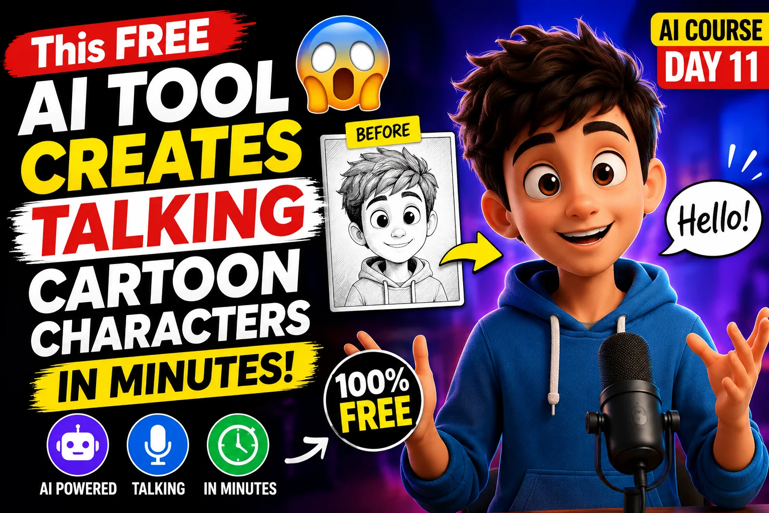This FREE AI Tool Creates TALKING Cartoon Characters in Minutes! 😱 | AI Course Day 11