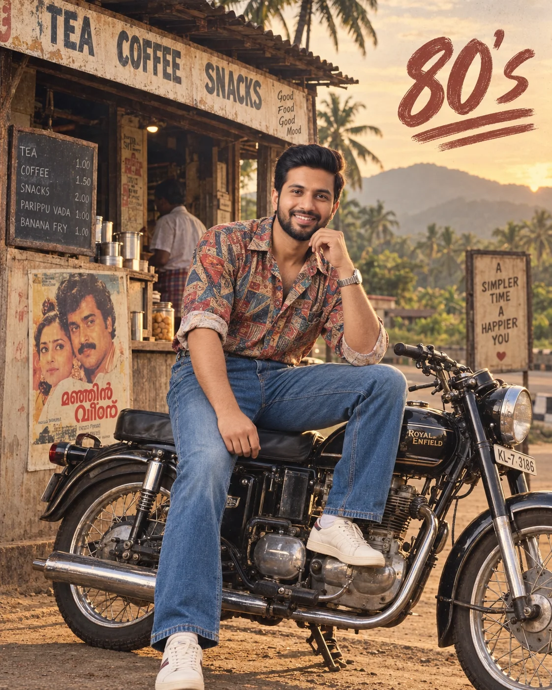 80s Retro Bike Photo AI Prompt – Royal Enfield Vintage Portrait