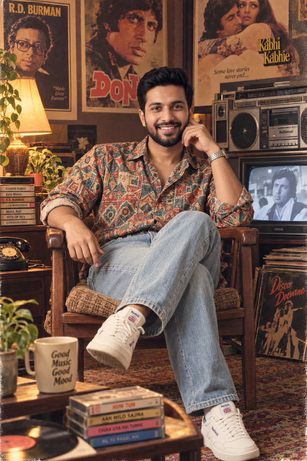80s Retro Music Room Portrait | AI Vintage Photo