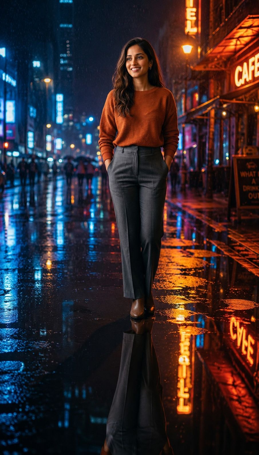 Cinematic Rainy Night Portrait with Neon Reflections