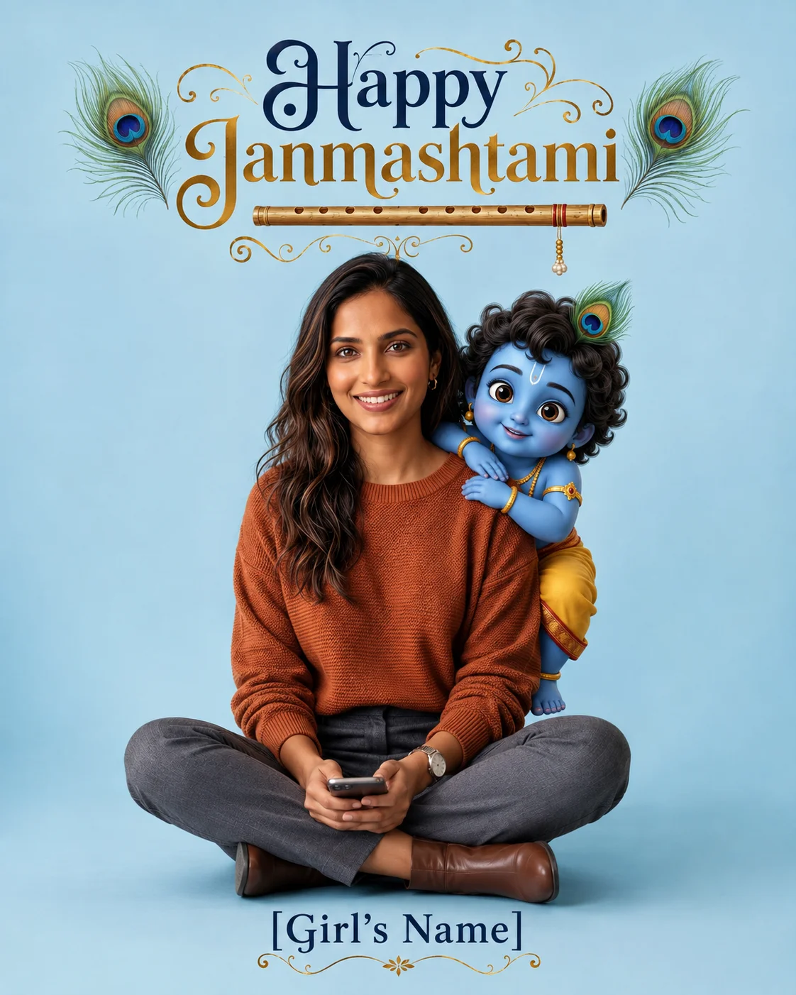 Classic Blue Backdrop with Bal Krishna with girl