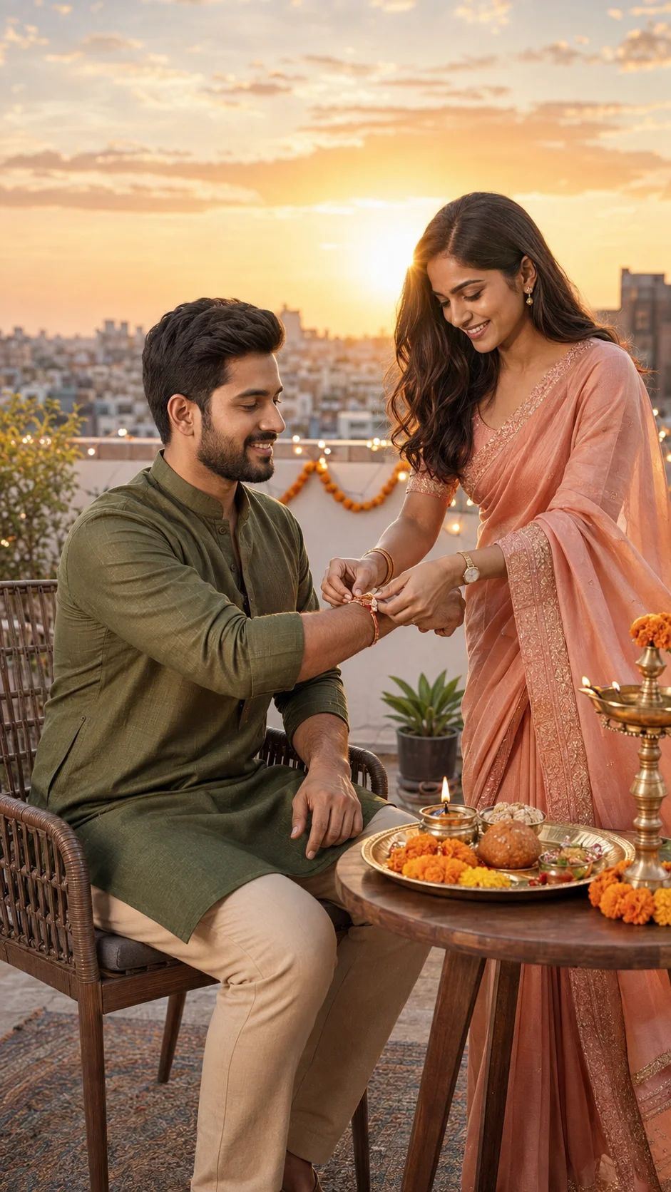 Raksha Bandhan 2026 Golden Hour Rooftop AI Photo Prompt