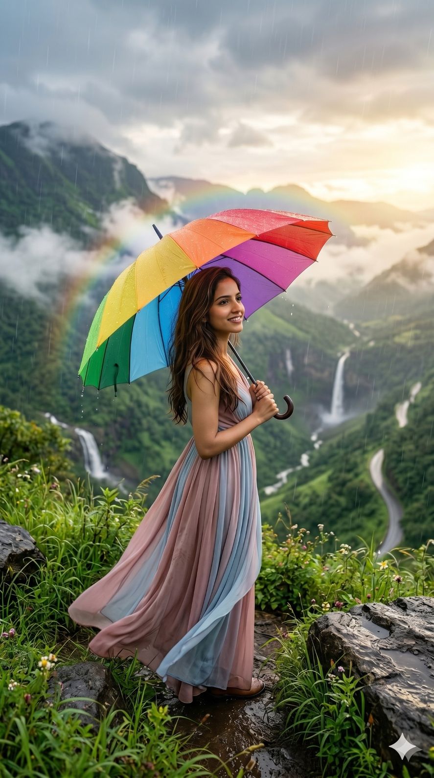 Rainbow Umbrella Girl in Monsoon Mountains