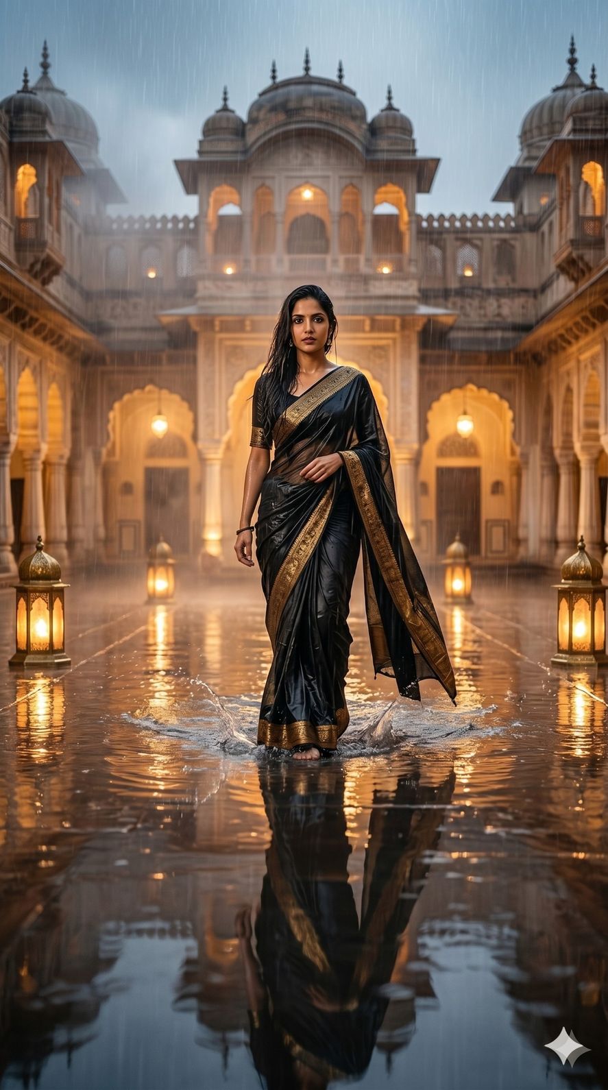 Cinematic Indian Woman in Black Saree Walking in Heavy Monsoon Rain – Ultra Realistic 8K AI Prompt