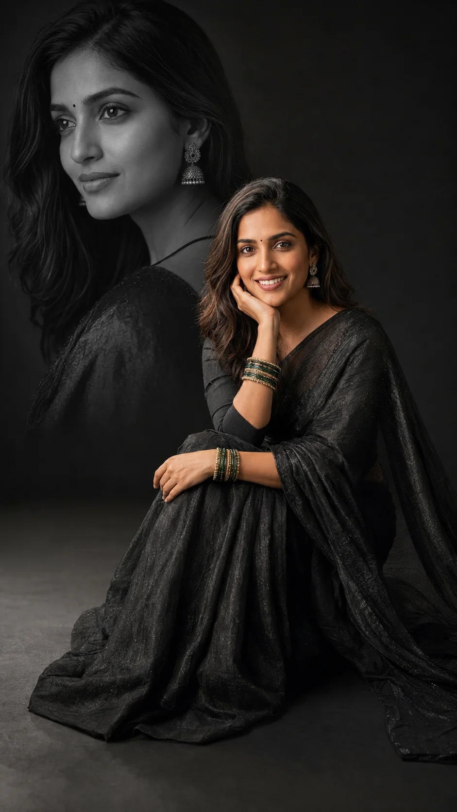 Elegant Black Saree Double-Exposure Portrait | Cinematic Fashion Editorial