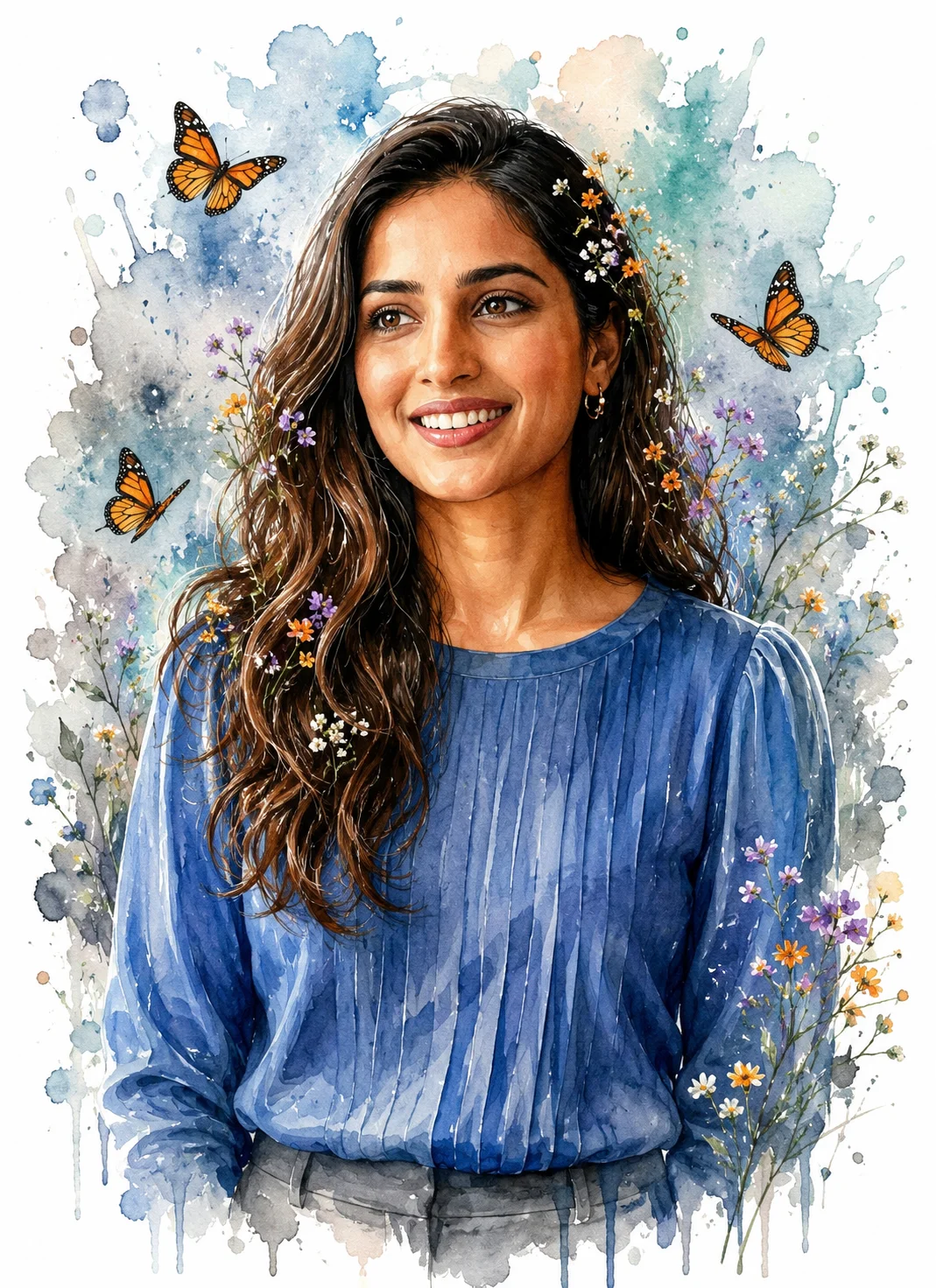 Elegant Watercolor Portrait with Butterflies prompt