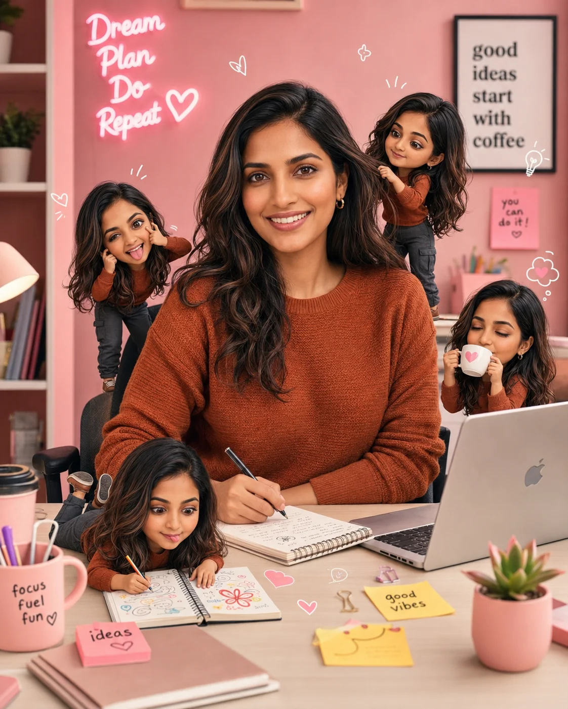 Girl in a Cute Pink Office with Mini Chibi Characters